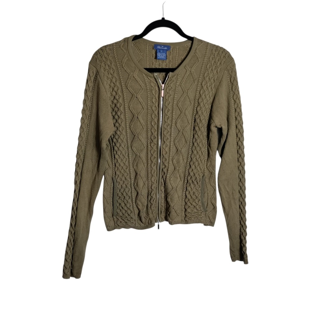 Faconnable Women Olive Green Cable Knit Zip Up Cotton Cardigan Sweater Small